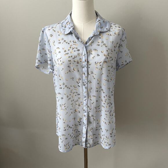 Loft Light Blue Floral Print Sheer Button Down Blouse Sz S - Picture 1 of 4